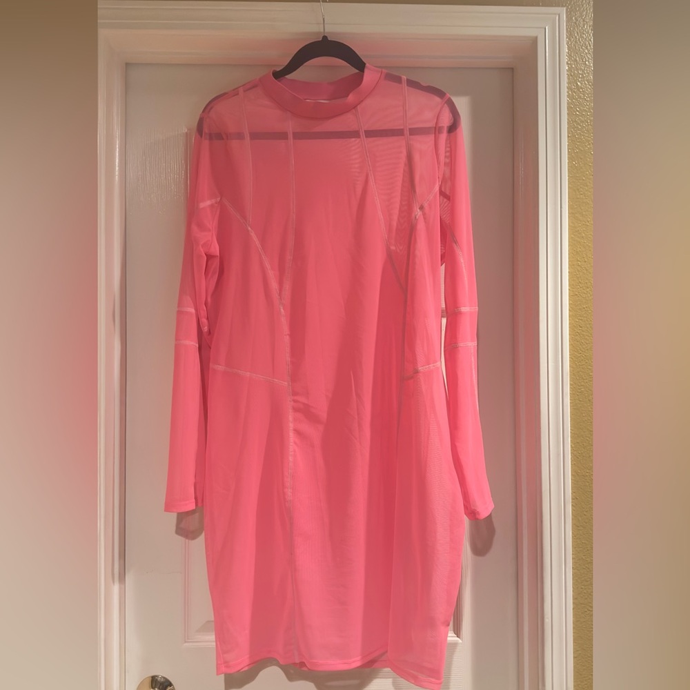 Fashion Nova Pink Sheer Midi Long Sleeve Dress